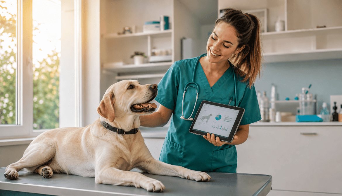 Veterinaria usando tecnología de inteligencia artificial con perro en clínica moderna.