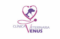Logo de Clínica Veterinaria Venus con corazón y perro, innovación en cuidado animal.