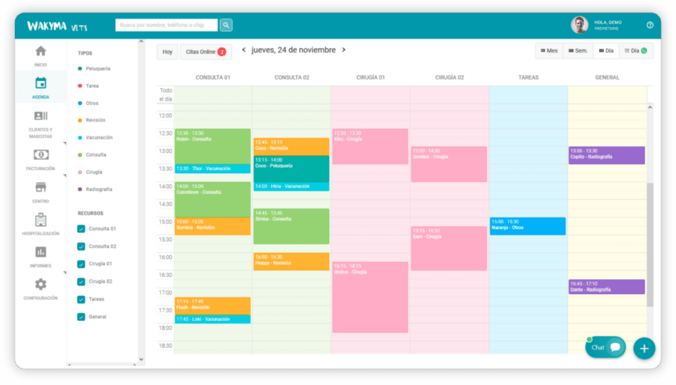 Agenda de citas en el software veterinario Wakyma Vets