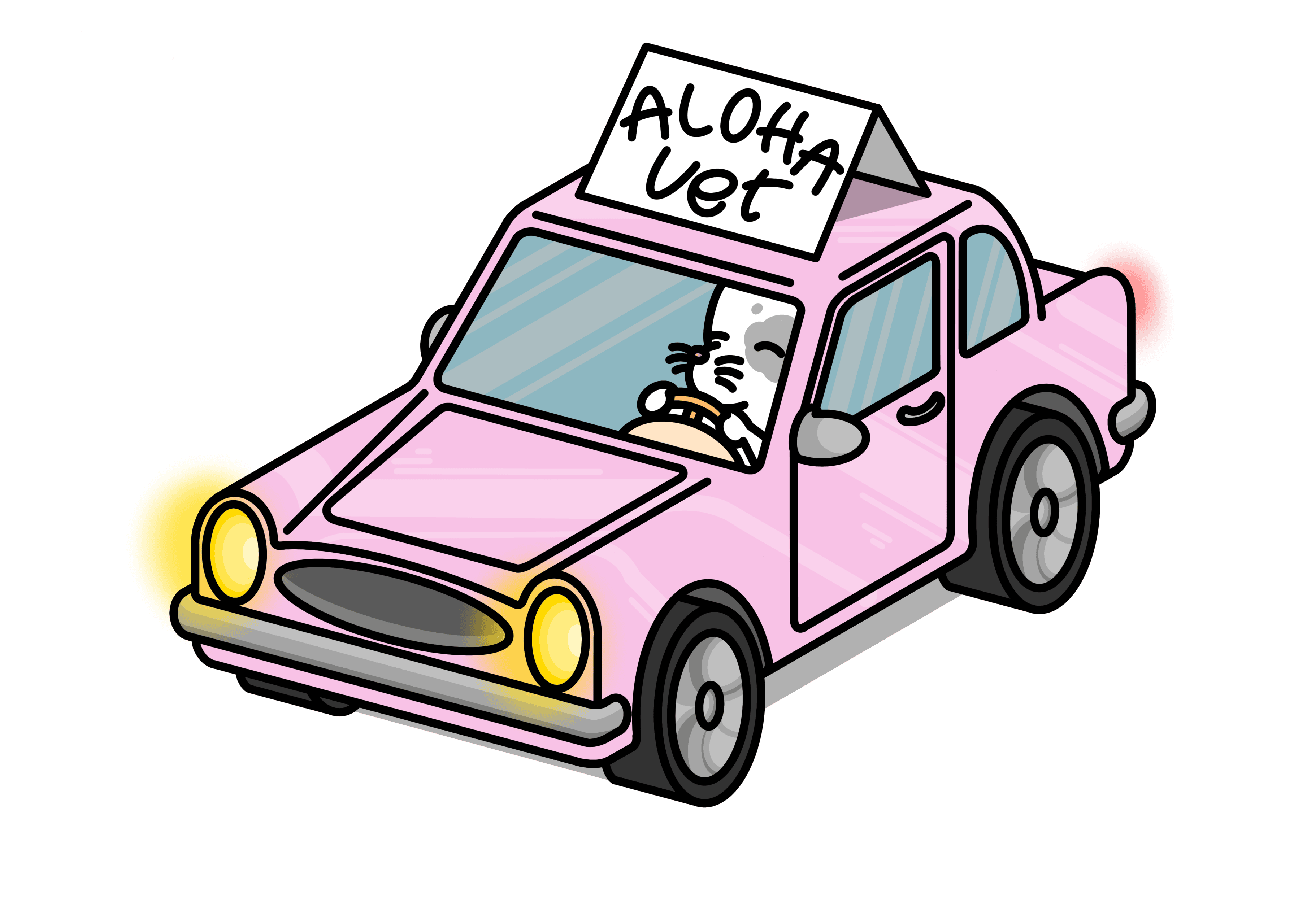 Vehículo de mascotas rosa con cartel de Aloha Vet y conductor feliz.