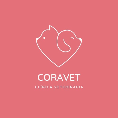 Logo de Coravet, clínica veterinaria con diseño de gato y perro en corazón rosa.