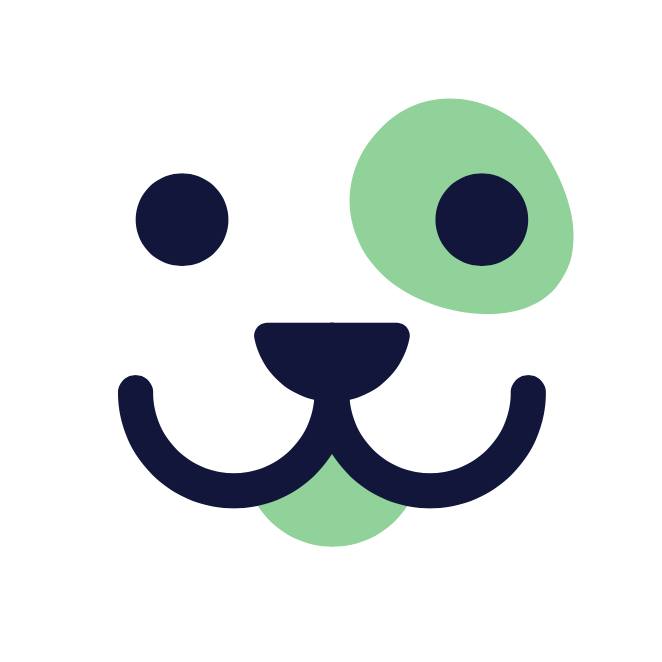 Imagen de cara de perro con diseño moderno y amigable en colores verde y negro.