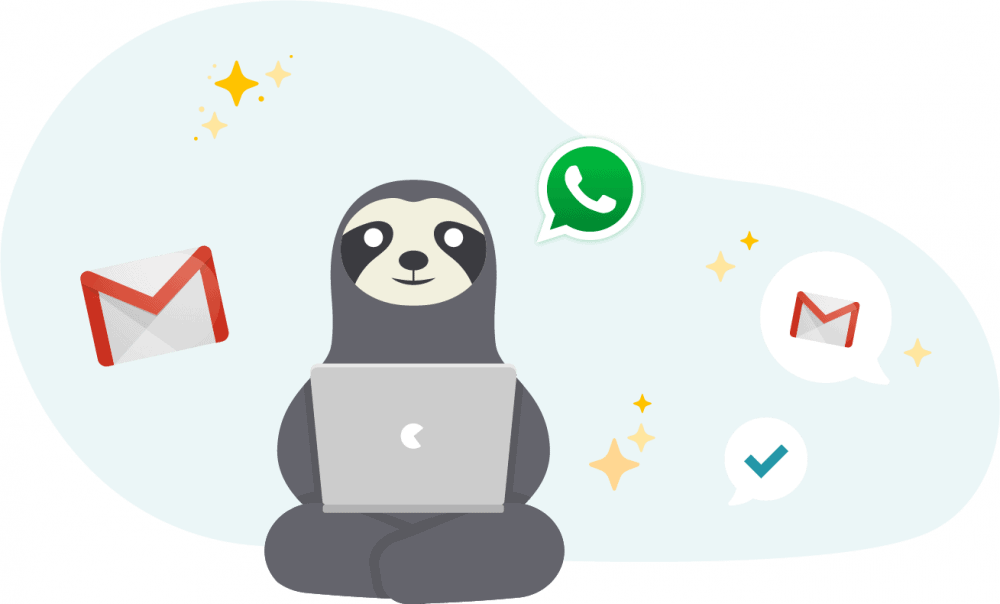 Perezoso con ordenador y símbolos de WhatsApp e Email