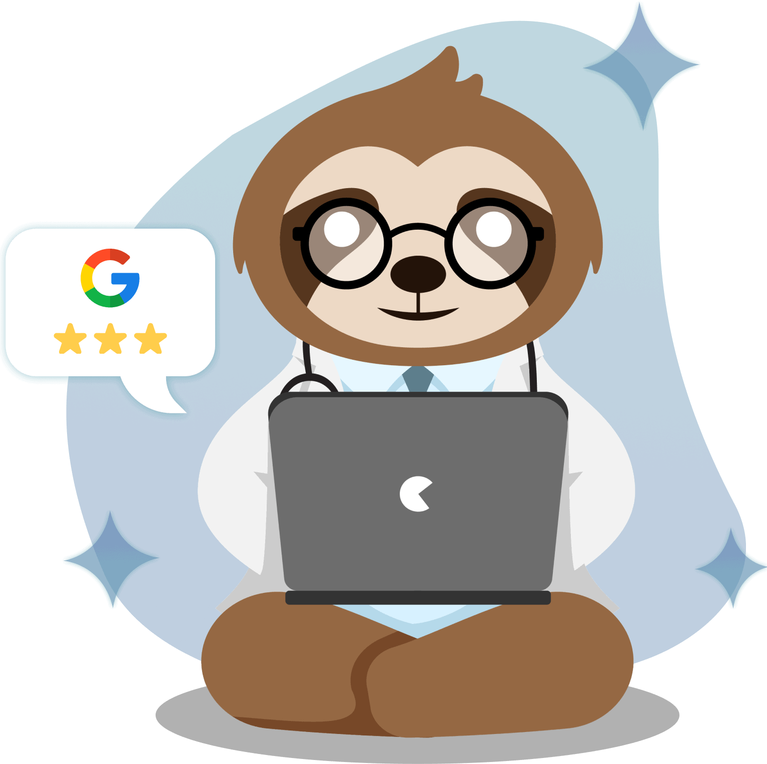 Ilustración de una mascota con gafas y portátil, representando tecnología y cuidado veterinario avan.